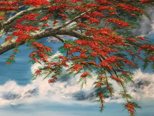 Flamboyán y Mar, oil on canvas, painting by Mariela Restrepo